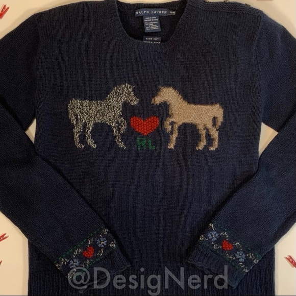 Ralph Lauren Blue Label Sweaters - VTG RALPH LAUREN LOVE HORSES CASHMERE CREWNECK